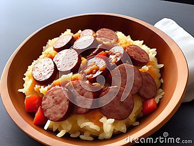grilled sausage on hot rice , AI Generated Stock Photo