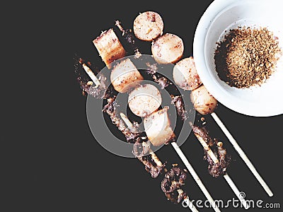 This is grilled sausage and pork intestine with spicy malaSichu Stock Photo