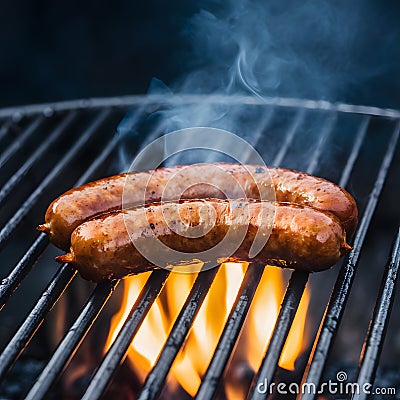 Grilled sausage sizzling over open flame on the barbecue Stock Photo