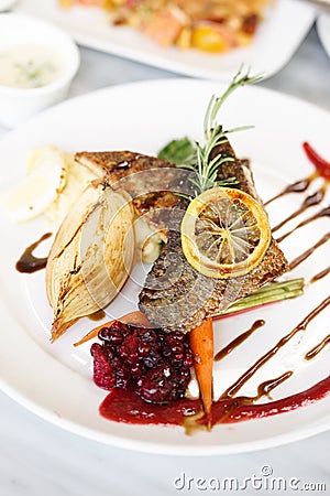 Grilled Sea Bass. Fish steak of a grilled sea bass served with raspberry sauce and sided vegetables. Stock Photo