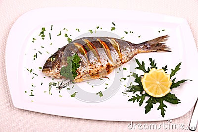 Grilled sea bream fish, lemon, arugula on white plate Stock Photo