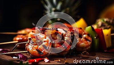 Grilled seafood skewers, gourmet appetizer on plate generated by AI Stock Photo