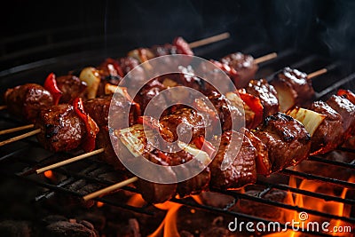 Grilled shashlik with meat and vegetables on barbecue Stock Photo
