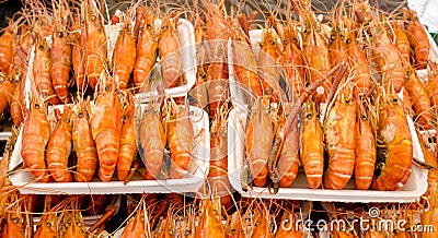 Grilled shrimp sale on street market Stock Photo