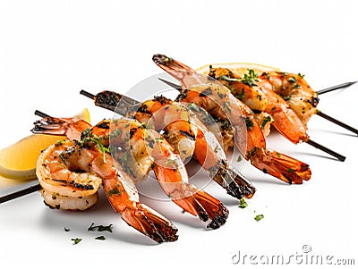 Grilled shrimp on skewers with lemon wedges Stock Photo