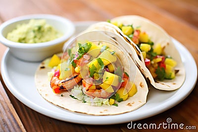 grilled shrimp tacos with mango salsa in soft tortillas Stock Photo