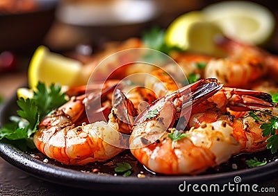 Grilled shrimps prawns on plate with lemon.Macro.AI generative Stock Photo