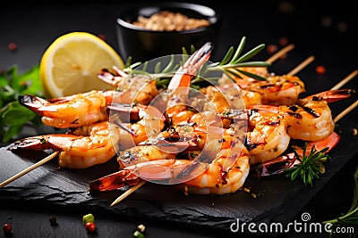 Grilled shrimps with seasoning on dark background Stock Photo