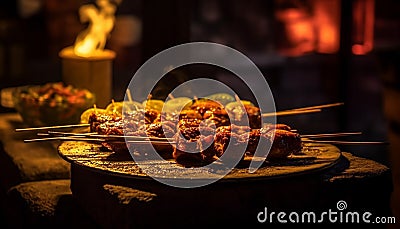 Grilled skewers of meat on fire, a delicious barbecue feast generated by AI Stock Photo