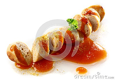 Grilled smoked spicy sausage with ketchup Stock Photo