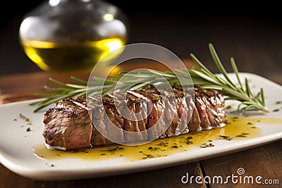 grilled steak basted with a rosemary oil brush Stock Photo