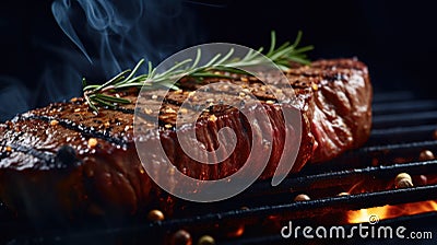 Grilled steak medium rare, rosemary, smoky flame background Stock Photo