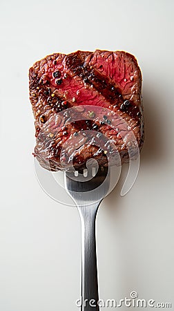 Grilled steak on a fork highlighting juicy texture and flavorful char in a minimalistic setting. Generative AI Stock Photo