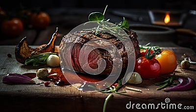 Grilled steak, fresh meat, gourmet fillet, cooked rare, natural flame generated by AI Stock Photo