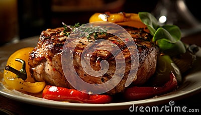 Grilled steak, fresh vegetables, garnish a rustic, healthy main course generated by AI Stock Photo