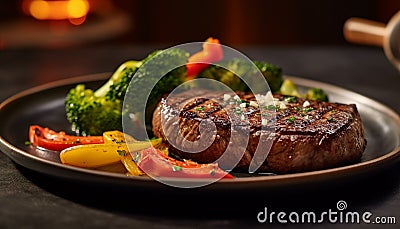 Grilled steak, fresh vegetables, and gourmet sauce on a plate generated by AI Stock Photo