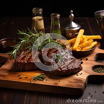 Grilled steak fries spices on wooden block table Stock Photo