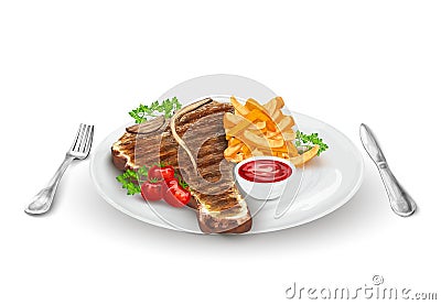 Grilled Steak On Plate Vector Illustration