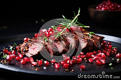 Grilled steak with pomegranate and rosemary on black plate, Roasted duck fillet with pomegranate seeds and herbs, AI Generated Stock Photo