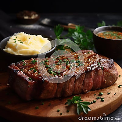 Grilled steak with side of mashed potatoes generative ai Stock Photo