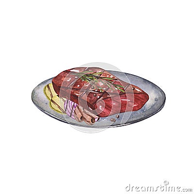 Grilled steak and vegetables. Watercolor isolated illustration of food on a white background for restaurants, cafes Cartoon Illustration