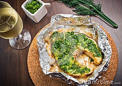 Grilled swordfish fillet with pesto Stock Photo