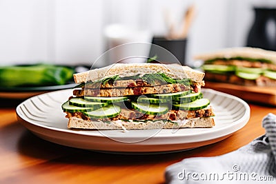 grilled tempeh sandwich with pickles on a round plate Stock Photo