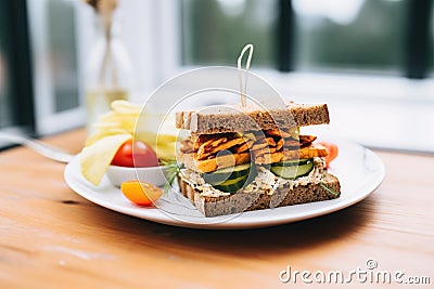 grilled tempeh sandwich with vegan cheese and pickles Stock Photo
