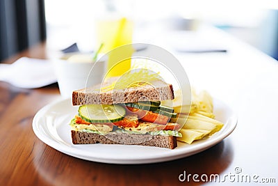 grilled tempeh sandwich with vegan cheese and pickles Stock Photo