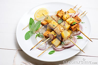 grilled tempeh skewers with chunks of pineapple and onion Stock Photo