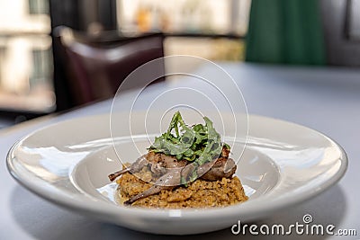 Grilled Quail with Arugula Salad and Cheese Grits Stock Photo