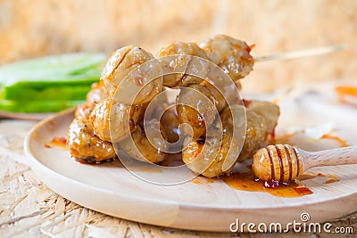 Grilled Thai meat ball with spicy sauce, selective focus Stock Photo