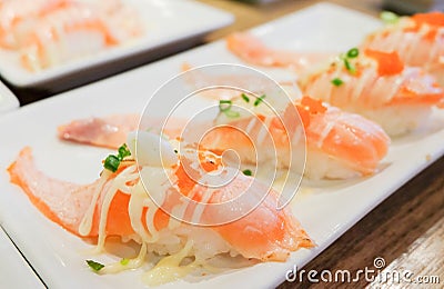 Grilled toro salmon sushi sake nigiri with shrimp eggs tobiko Stock Photo