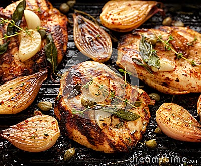 Grilled turkey fillet with addition of herbs, spices and vegetables Stock Photo