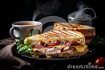 Grilled turkey sandwich with cheese, tomatoes and basil on black plate Stock Photo