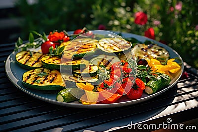 Grilled vegetables on a grill, red pepper and yellow pepper, zucchini Stock Photo