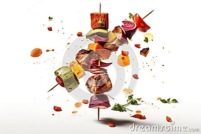 Grilled Vegetables And Grilled Meat Flying On White Background, Floating In The Air. Generative AI Stock Photo