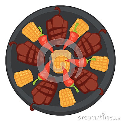 Grilled vegetables on plate, corn and bell pepper Vector Illustration