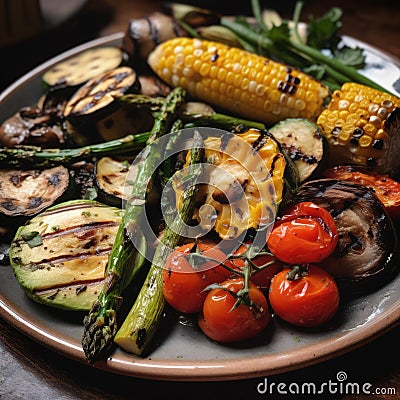Grilled vegetables on wooden table Stock Photo