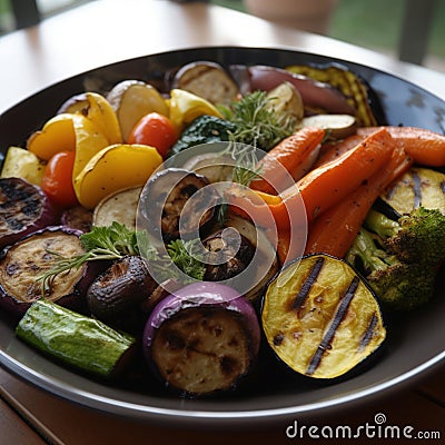 Grilled vegetables on wooden table. Generative AI. Stock Photo