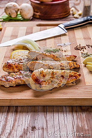 grilled white meat chicken breast, chicken strips Stock Photo