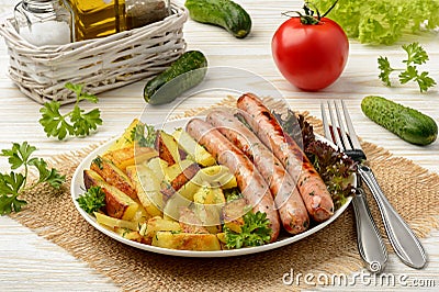 Grilled white sausages with roasted potatoes. Stock Photo