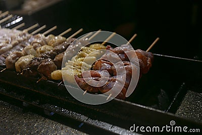 Grilled yakitori chicken skewers at an Izakaya restaurant in Omoide Yokocho street in the Shinjuku district of Tokyo.. Stock Photo