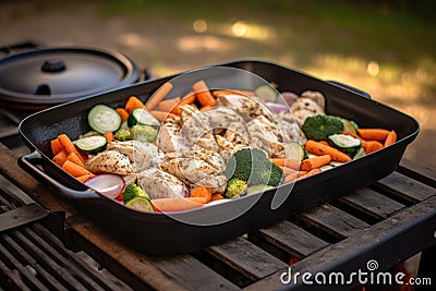 a griller with chicken and veggies, ready to cook Stock Photo