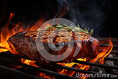 grilling beef steaks over flaming. Generative ai Stock Photo