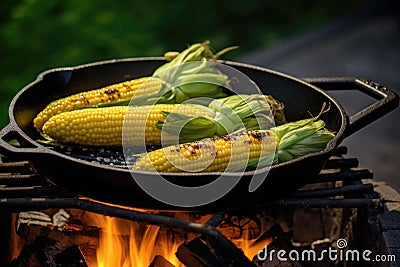 grilling corn on the cob in a cast iron pan on a bbq Stock Photo