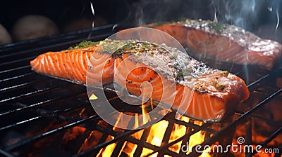 Grilling fillet salmon. Cooking process of red fish steak close up Barbecue meal Stock Photo