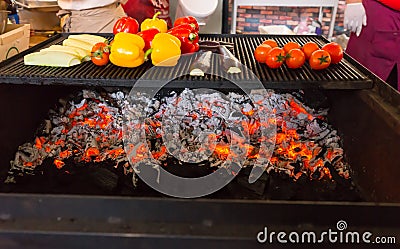Grilling Fresh Vegetables Over Red Hot Coals Stock Photo
