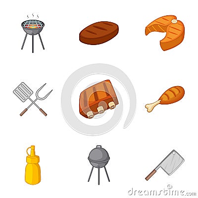 Grilling icons set, cartoon style Vector Illustration