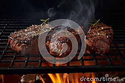 Grilling meat on grill with herbs Stock Photo